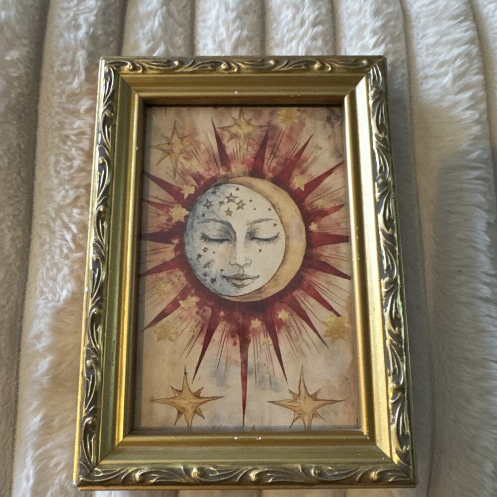 Framed Sun Celestial Print with Ornate Gold Frame, Vintage 90s inspired Style